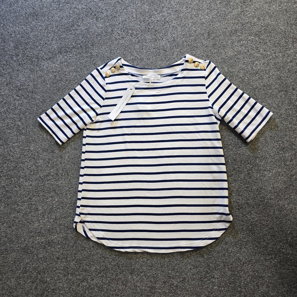 Jane Delancey Top Womens Size Medium White Blue Striped Nautical Anchors Casual
